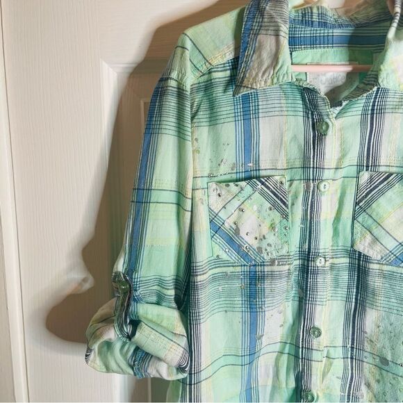 Justice Paint Splatter Silver Thread Plaid Button Down Shirt Green Blue 12 - Picture 7 of 9